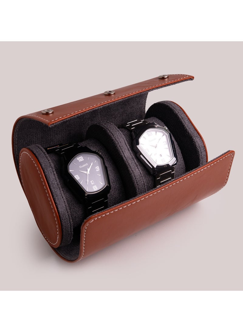 Clasico Luxury Heavy-Duty Leather Double Watch Travel Case Brown – Premium Dual Watch Roll with Suede Interior, Secure Clip Lock & Cushioned Protection for Luxury Watches - Image 3